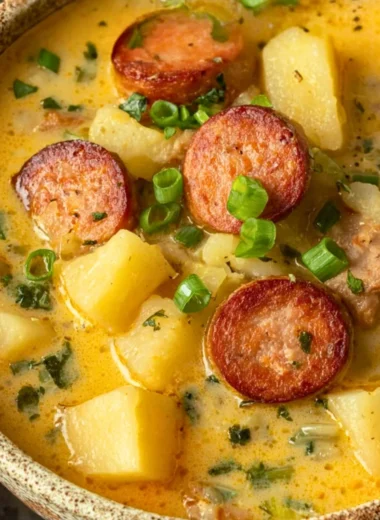 Cozy crockpot potato soup with sausage served in a bowl, garnished with herbs.