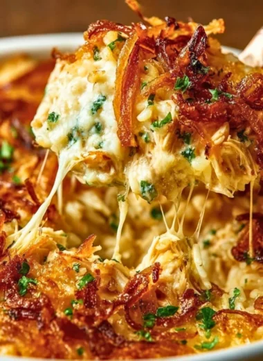 Creamy French Onion Chicken Rice in a white bowl, garnished with herbs.