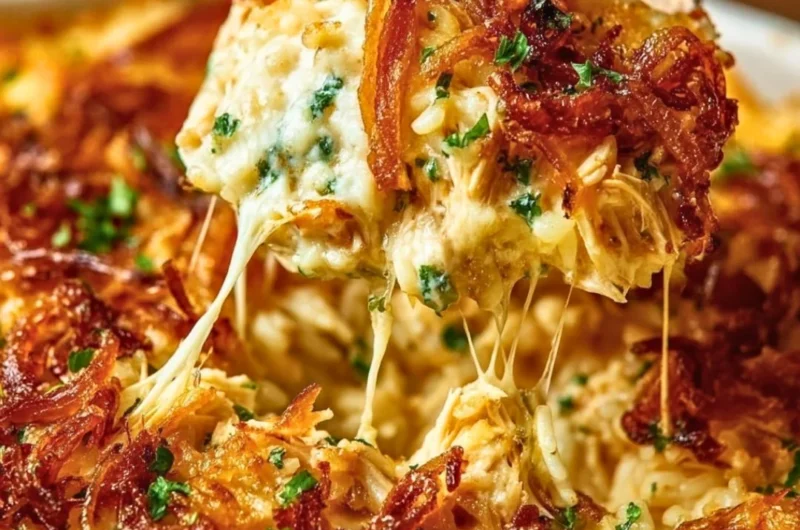 Creamy French Onion Chicken Rice in a white bowl, garnished with herbs.
