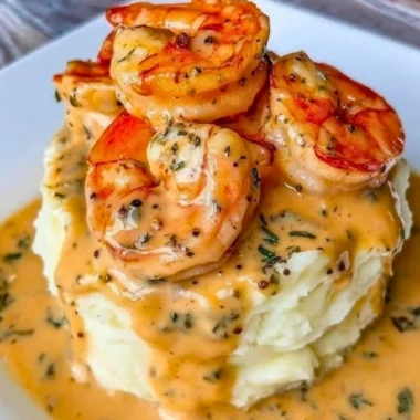 Plate of creamy garlic shrimp served over fluffy mashed potatoes