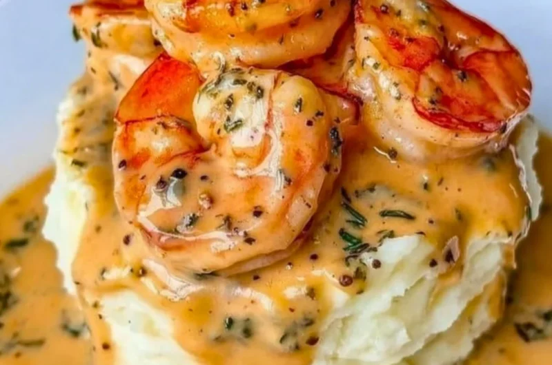 Plate of creamy garlic shrimp served over fluffy mashed potatoes
