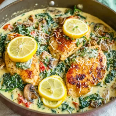 Creamy Mediterranean chicken skillet with vegetables in a pan