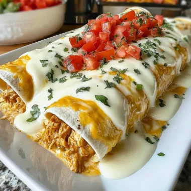 Creamy queso chicken enchiladas served on a plate