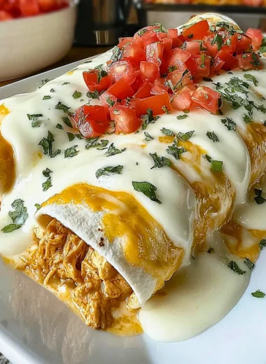 Creamy queso chicken enchiladas served on a plate