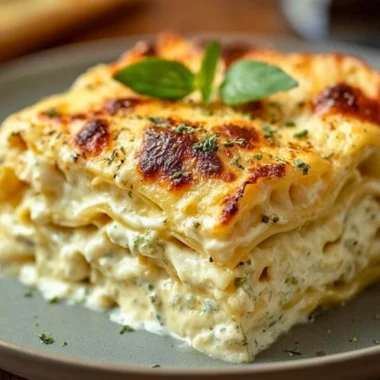Creamy white lasagna served in a baking dish with fresh herbs