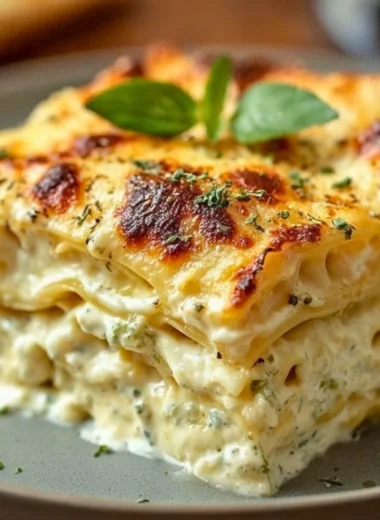 Creamy white lasagna served in a baking dish with fresh herbs