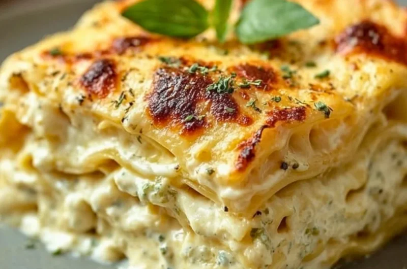 Creamy white lasagna served in a baking dish with fresh herbs