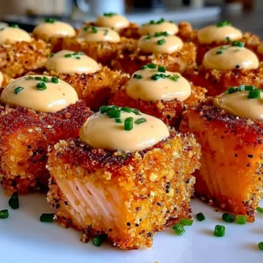 Crispy Bang Bang Salmon Bites served on a plate with dipping sauce