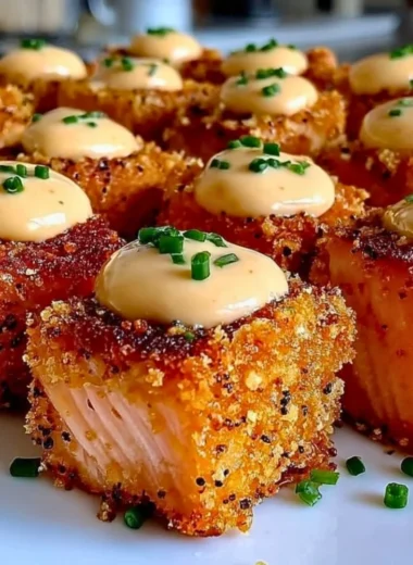 Crispy Bang Bang Salmon Bites served on a plate with dipping sauce