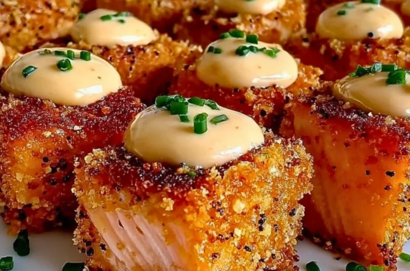 Crispy Bang Bang Salmon Bites served on a plate with dipping sauce