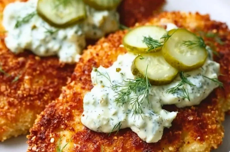 Crispy Dill Pickle Parmesan Chicken served with a side of dipping sauce