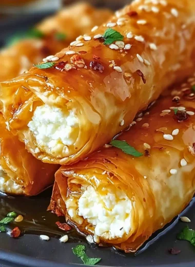 Crispy feta rolls served on a plate, perfect appetizer with flaky pastry and cheese filling.