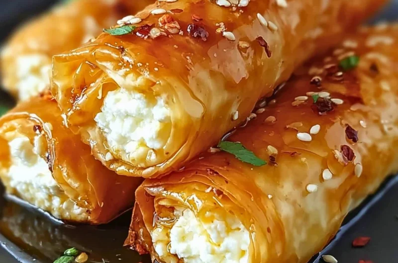 Crispy feta rolls served on a plate, perfect appetizer with flaky pastry and cheese filling.