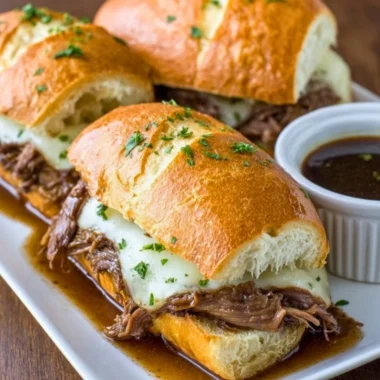 Crockpot French Dip Sandwiches with beef and au jus served on a platter