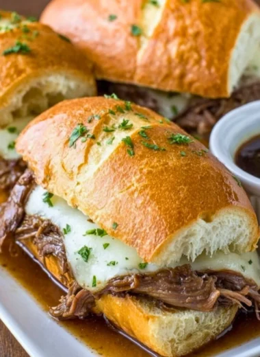 Crockpot French Dip Sandwiches with beef and au jus served on a platter