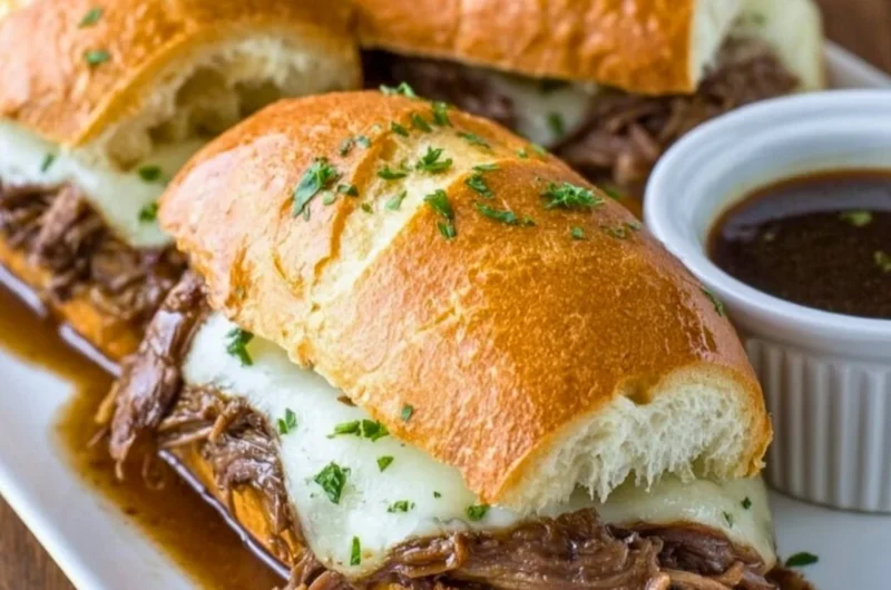 Crockpot French Dip Sandwiches with beef and au jus served on a platter