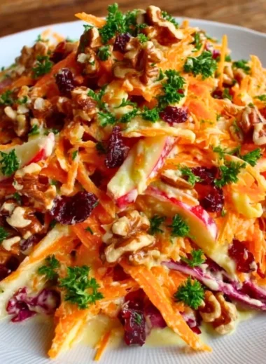 Crunchy apple carrot salad topped with creamy citrus dressing