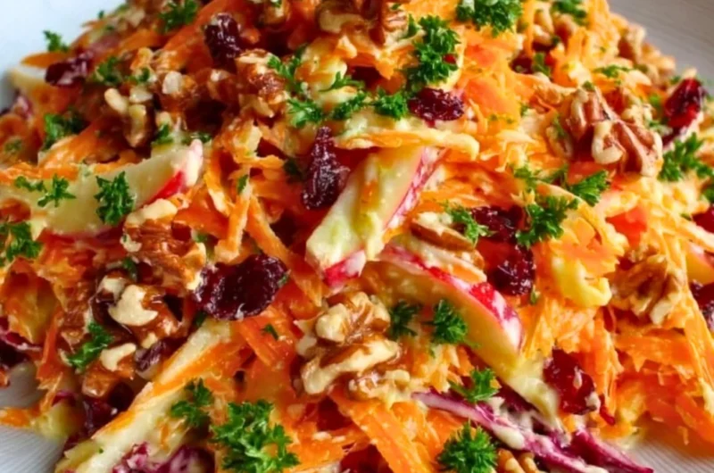 Crunchy apple carrot salad topped with creamy citrus dressing