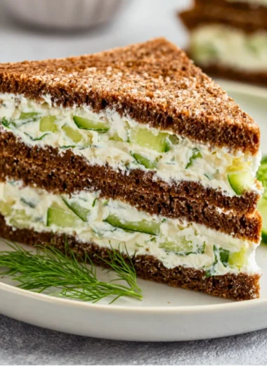 Plate of fresh cucumber sandwiches with herbs and butter for a light snack