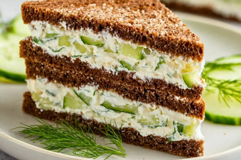 Plate of fresh cucumber sandwiches with herbs and butter for a light snack