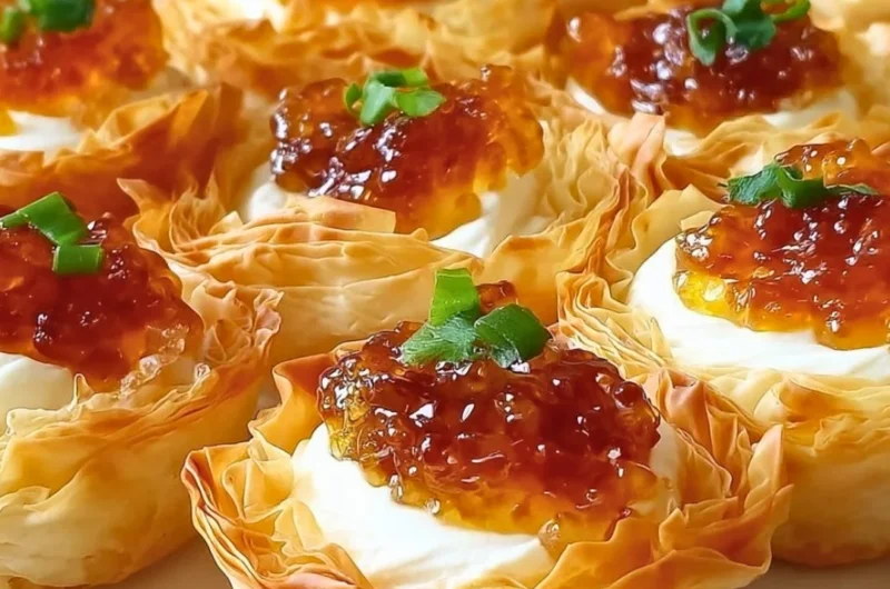 Delicious pepper jelly and cream cheese bites on a platter