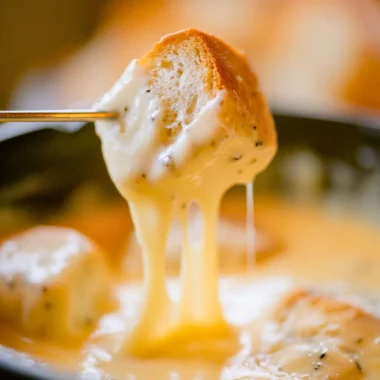 Bowl of easy cheese fondue with bread and vegetables for dipping
