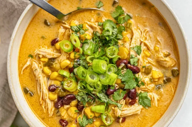 Bowl of easy chicken poblano soup garnished with cilantro and lime.