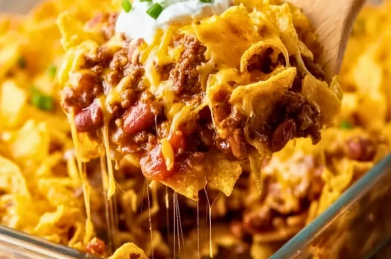 Delicious homemade Frito Pie served in a bowl, topped with cheese and jalapeños.