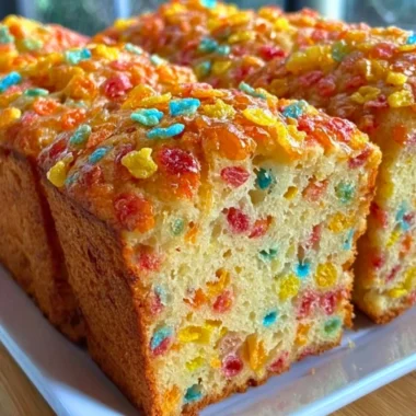 Fruity Pebbles breakfast bread with colorful cereal topping