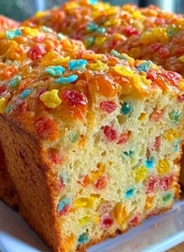 Fruity Pebbles breakfast bread with colorful cereal topping