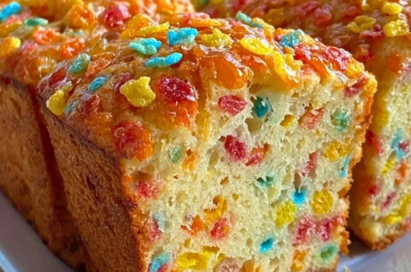 Fruity Pebbles breakfast bread with colorful cereal topping