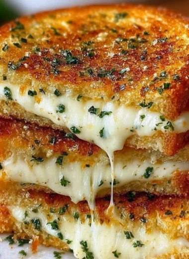 Garlic bread grilled cheese sandwich with melted cheese and crispy edges