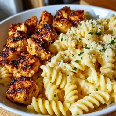Garlic Parmesan Chicken Bites served with creamy rotini pasta dish