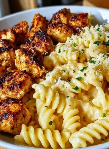 Garlic Parmesan Chicken Bites served with creamy rotini pasta dish