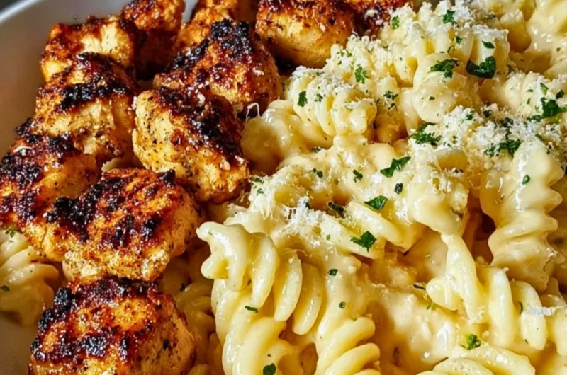 Garlic Parmesan Chicken Bites served with creamy rotini pasta dish