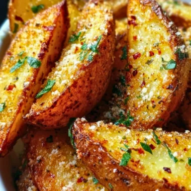 Crispy Garlic Parmesan Potato Wedges served in a bowl