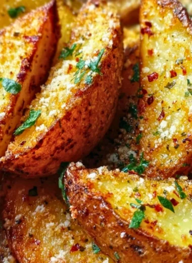 Crispy Garlic Parmesan Potato Wedges served in a bowl