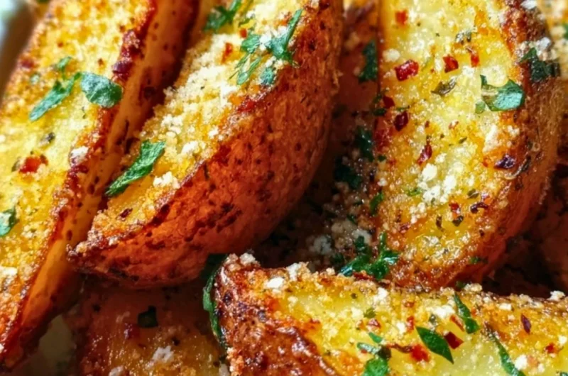Crispy Garlic Parmesan Potato Wedges served in a bowl