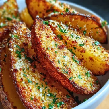 Crispy Garlic Parmesan Potato Wedges served on a plate