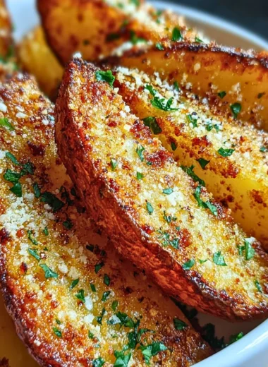 Crispy Garlic Parmesan Potato Wedges served on a plate
