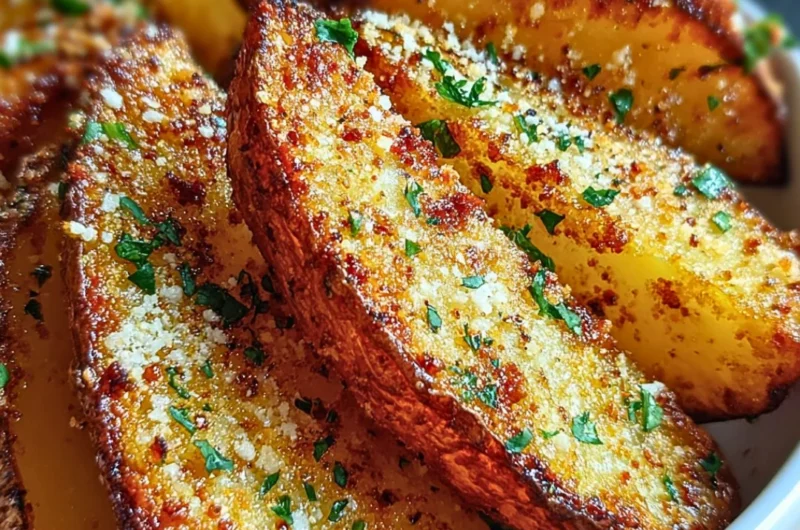Crispy Garlic Parmesan Potato Wedges served on a plate