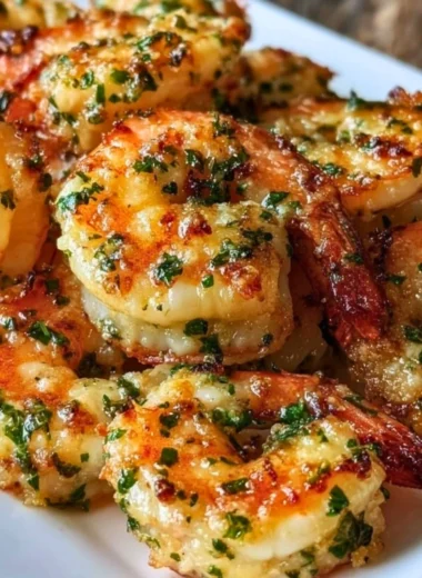 Delicious Garlic Parmesan Roasted Shrimp garnished with parsley