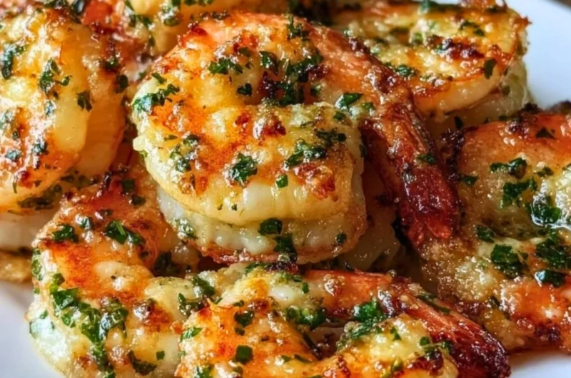 Delicious Garlic Parmesan Roasted Shrimp garnished with parsley
