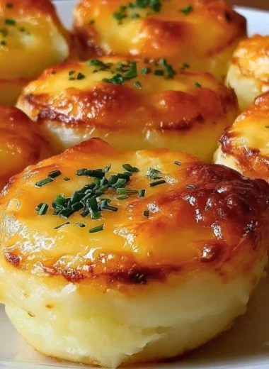 Golden cheesy mashed potato puffs served on a plate