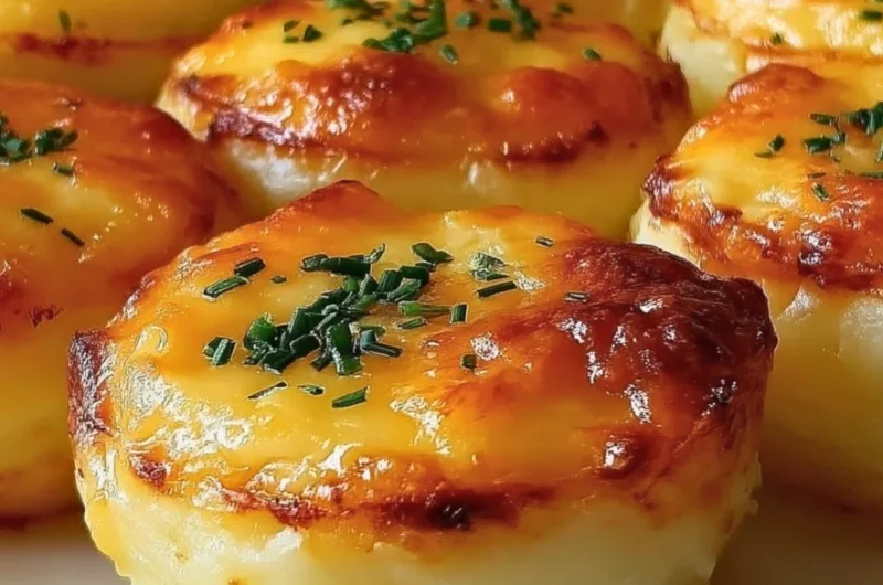 Golden cheesy mashed potato puffs served on a plate