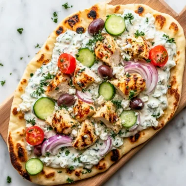 Delicious Greek Chicken Flatbread with fresh vegetables and herbs