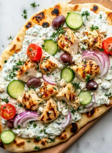 Delicious Greek Chicken Flatbread with fresh vegetables and herbs