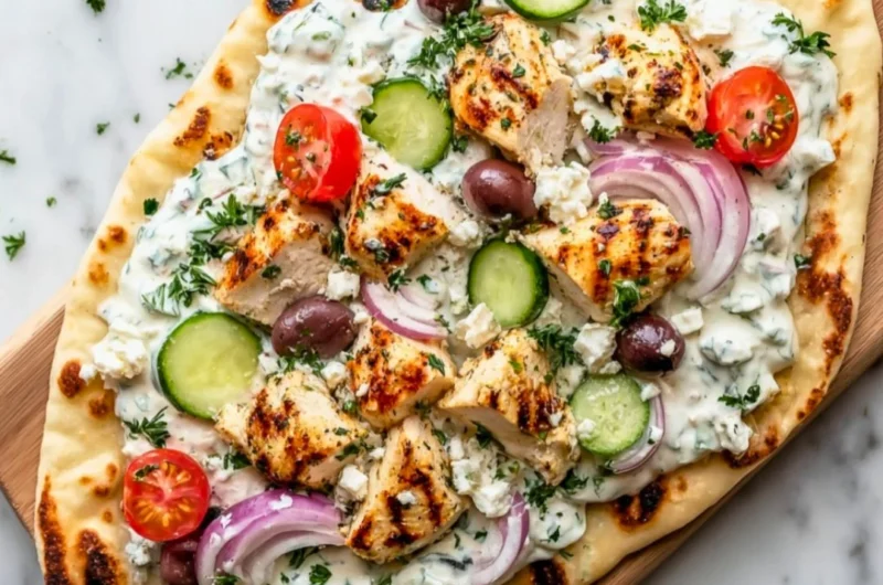 Delicious Greek Chicken Flatbread with fresh vegetables and herbs