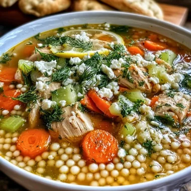 Bowl of Greek Chicken Soup with pearl couscous garnished with herbs