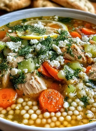 Bowl of Greek Chicken Soup with pearl couscous garnished with herbs